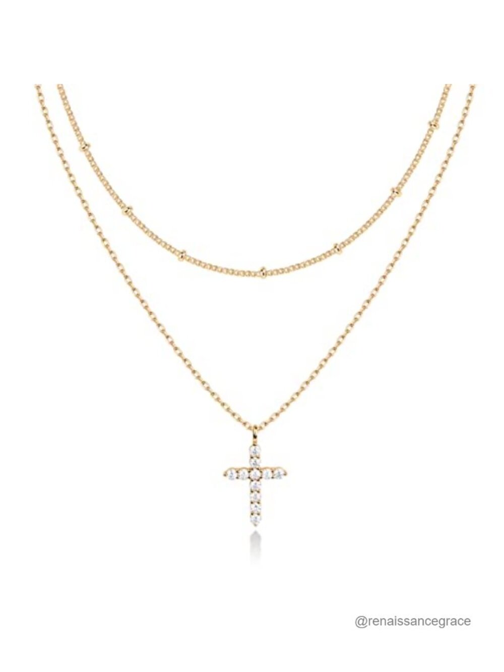 14K Gold Plated Layered Cross Necklace for Women, Cubic Zirconia